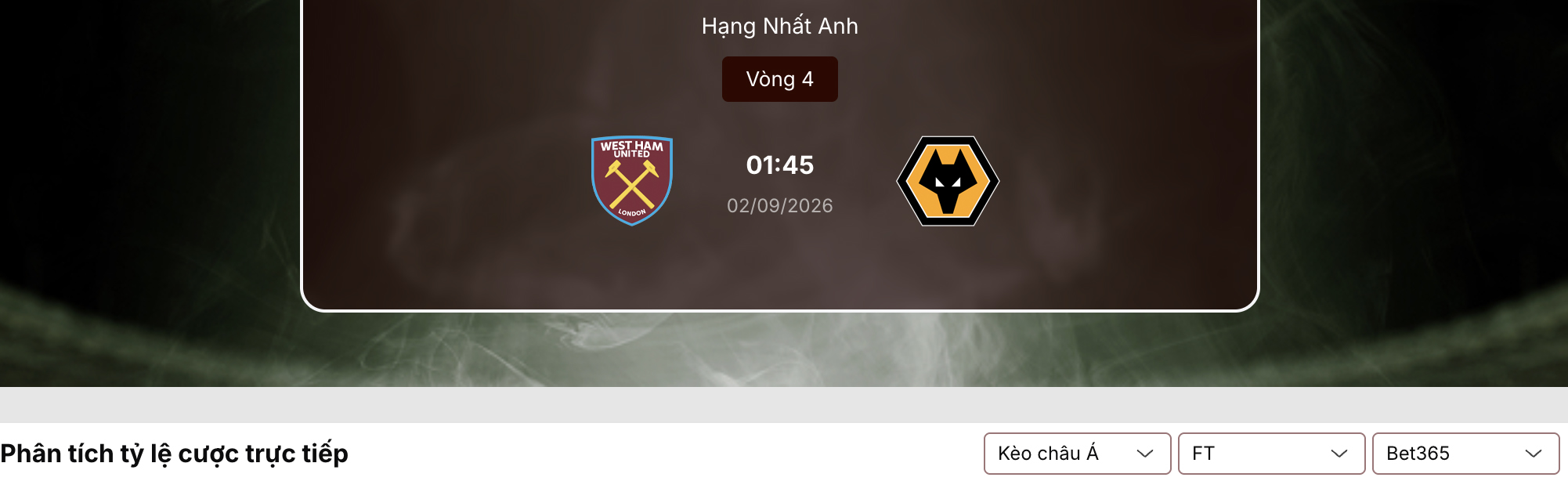 Tỷ lệ kèo: West Ham vs Wolves 1h45 ngày 2/9/2026 1 Tỷ lệ kèo